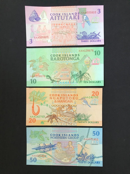 Cook Islands 3, 10, 20, 50 Dollars Banknotes UNC Bank Bills AAA Prefix 4Pcs/Lot