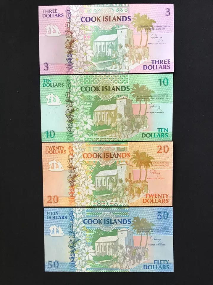 Cook Islands 3, 10, 20, 50 Dollars Banknotes UNC Bank Bills AAA Prefix 4Pcs/Lot