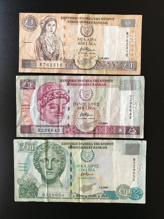 Cyprus 1, 5, 10 Pound Lira Banknotes Old Paper Money Bank Bills 3pcs/Lot