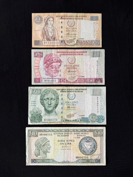 Cyprus 1, 5, 10 Pounds Lira Banknotes Vintage Circulated Bank Bills 4pcs/Lot