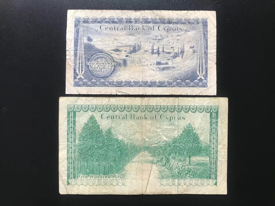 Cyprus 250 & 500 Mils Banknotes Old Circulated 2pcs/set Paper Money Bank Bills