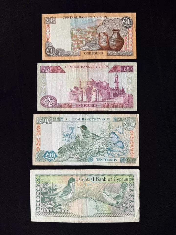 Cyprus 1, 5, 10 Pounds Lira Banknotes Vintage Circulated Bank Bills 4pcs/Lot