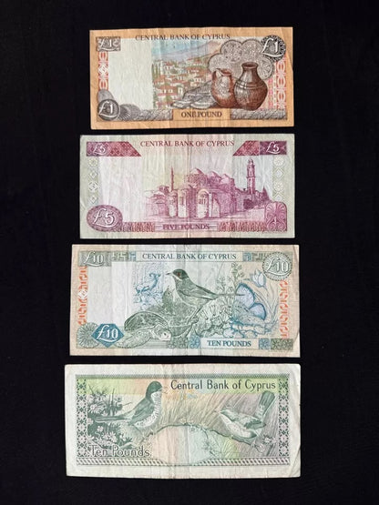 Cyprus 1, 5, 10 Pounds Lira Banknotes Vintage Circulated Bank Bills 4pcs/Lot