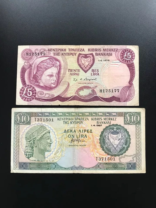 Cyprus 5, 10 Pound Lira Banknotes 1979 & 1987 Old Circulated Bank Bills 2pcs/Lot