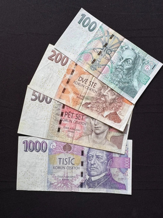Czech 100, 200, 500, 1000 Koruna Banknotes 2008-18 VF-Fine Bank Bills 4Pcs/Lot