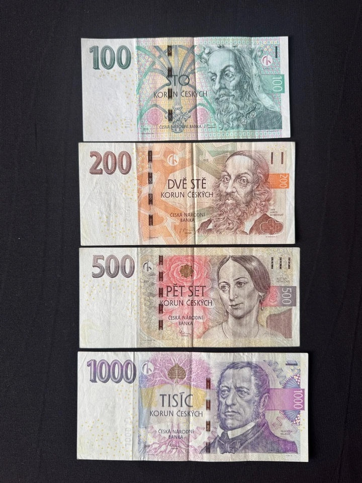 Czech 100, 200, 500, 1000 Koruna Banknotes 2008-18 VF-Fine Bank Bills 4Pcs/Lot