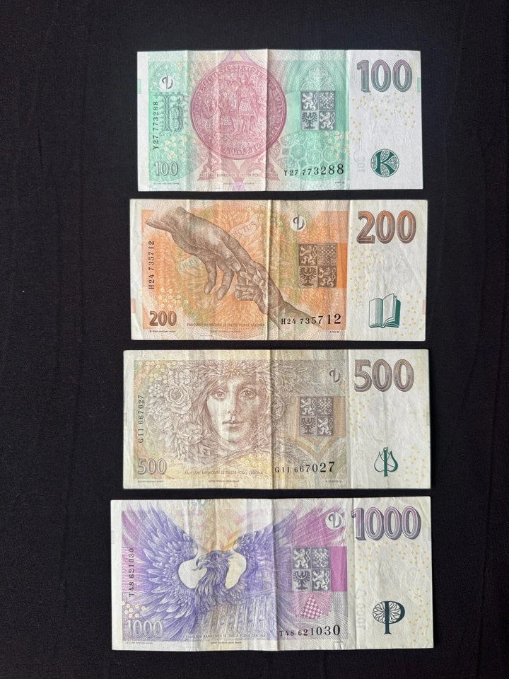 Czech 100, 200, 500, 1000 Koruna Banknotes 2008-18 VF-Fine Bank Bills 4Pcs/Lot