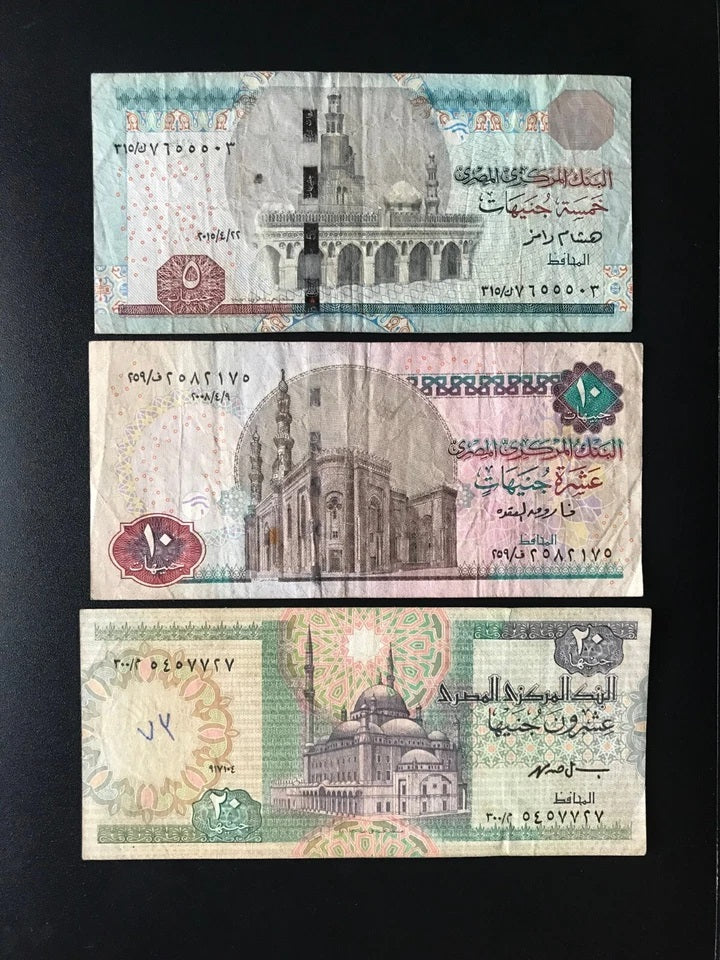 Egypt 5, 10, 20 Pounds Banknotes Old Circulated EGP Paper Bills 3Pcs/ Lot