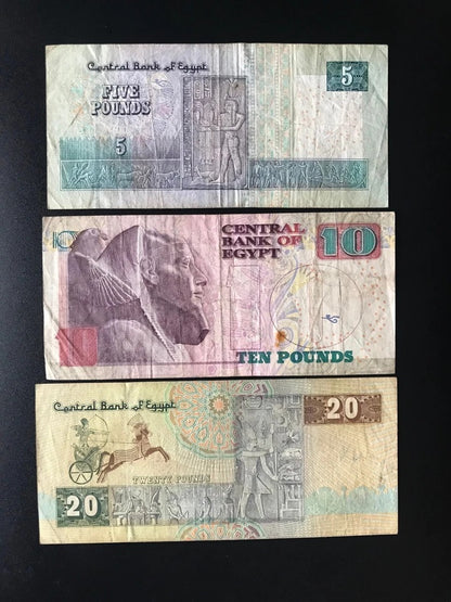 Egypt 5, 10, 20 Pounds Banknotes Old Circulated EGP Paper Bills 3Pcs/ Lot