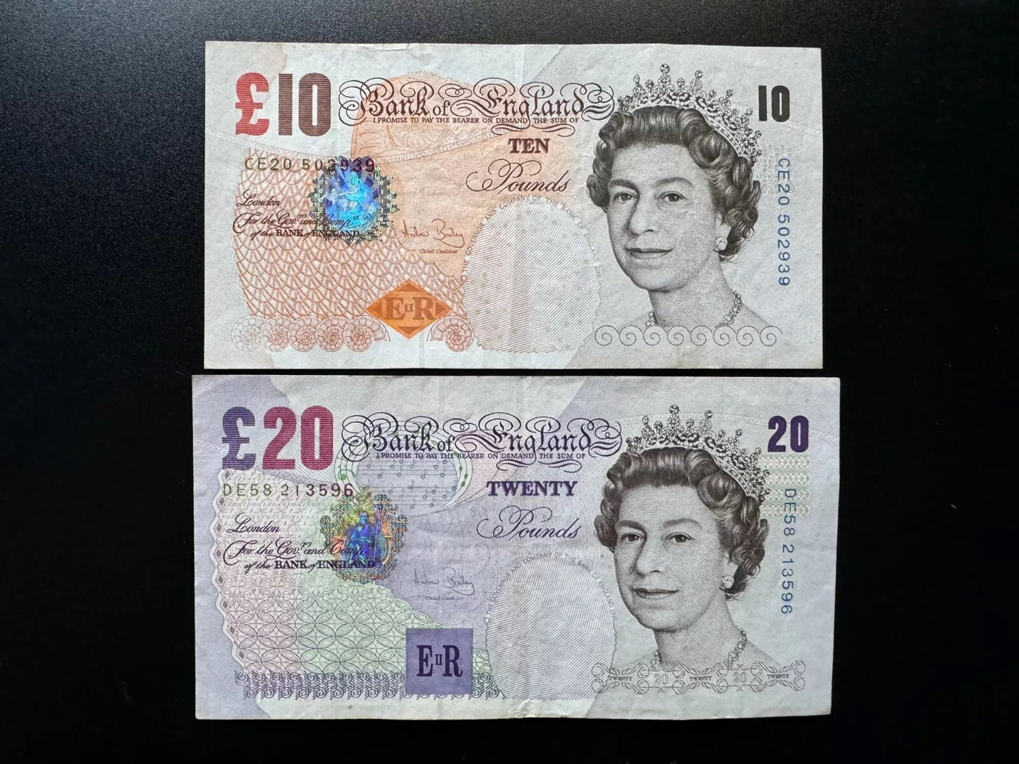 England 10, 20 Pounds Banknotes 1999-2000 old VF-Circulated Bank Bills 2pcs/Lot