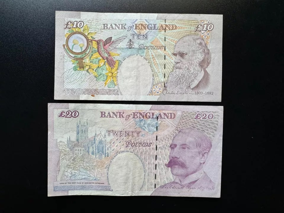 England 10, 20 Pounds Banknotes 1999-2000 old VF-Circulated Bank Bills 2pcs/Lot