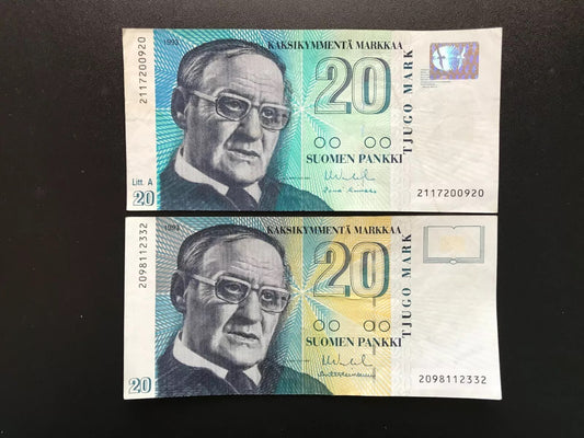Finland / Finnish 20 Markkaa Banknotes 1993 2-Type Bills P-122 & 123 2pcs/Lot