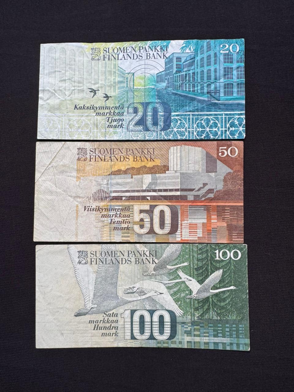 Finland 20, 50, 100 Markkaa Banknotes 1986-1993 Old Paper Money Bank Bills 3Pcs/Lot