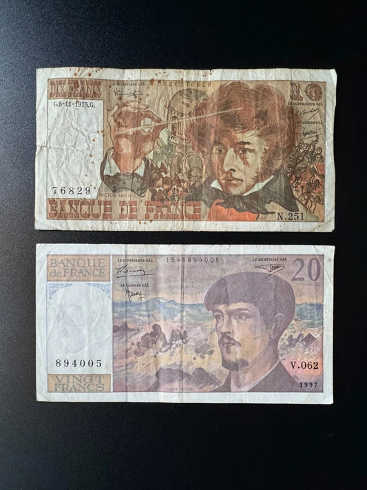 France 10, 20 Francs Banknotes 1975-1997 old Paper Bank Bill Notes 2Pcs / Lot