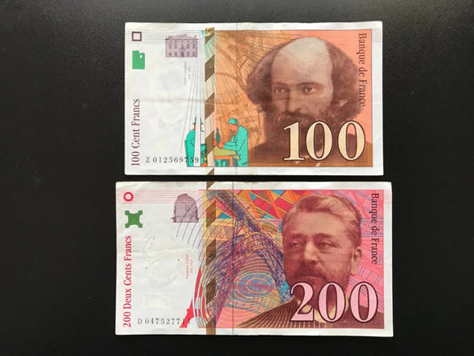France 100, 200 Francs Banknotes 1996-97 Vintage VF-Circulated Bank Bills 2Pcs-Lot