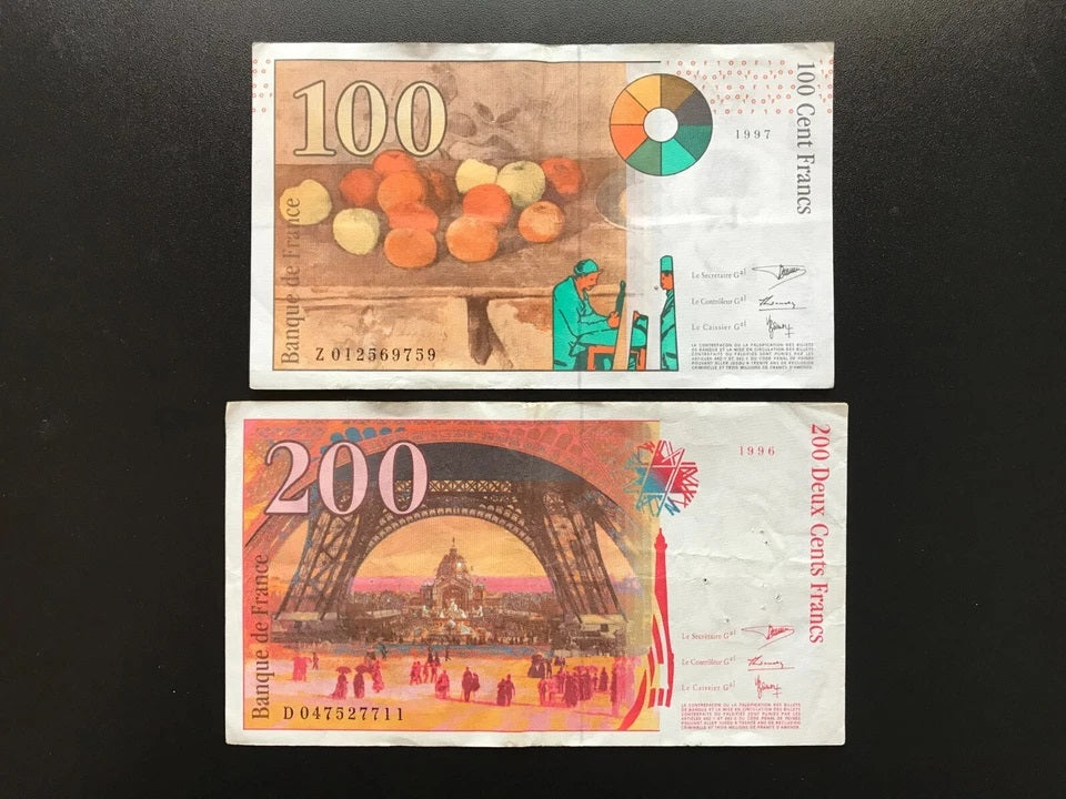 France 100, 200 Francs Banknotes 1996-97 Vintage VF-Circulated Bank Bills 2Pcs-Lot