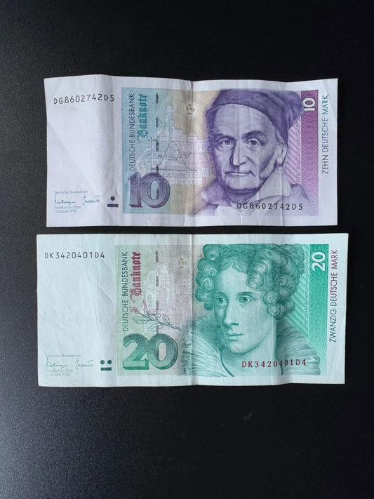 Germany 10, 20 Mark Banknotes 1993 Old Vintage Rare Date VF Bank Bills 2Pcs/ Lot