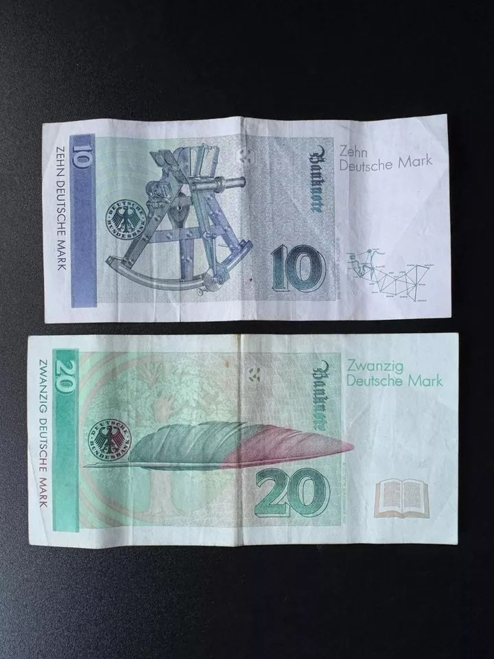 Germany 10, 20 Mark Banknotes 1993 Old Vintage Rare Date VF Bank Bills 2Pcs/ Lot