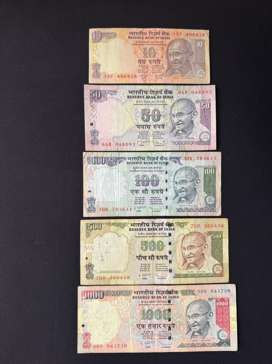 India 10, 50, 100, 500,1000 Rupees Banknotes 2008-2009-2010 Circulated Bills 5 Pcs/Lot