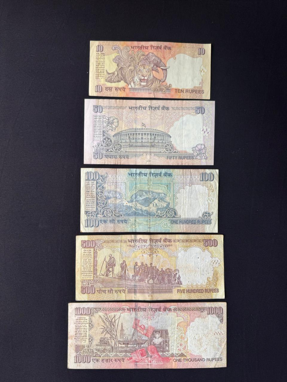 India 10, 50, 100, 500,1000 Rupees Banknotes 2008-2009-2010 Circulated Bills 5 Pcs/Lot