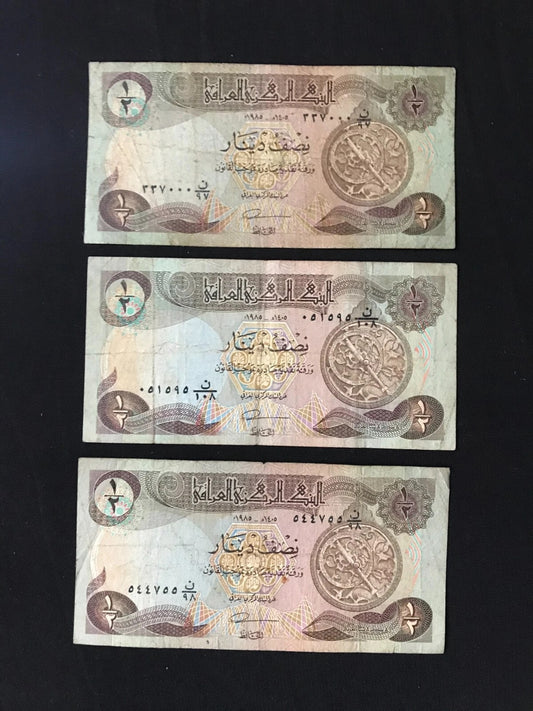 Iraq 1/2 Half Dinar Banknotes 1985 Circulated S/N Fancy Numbers Bills P-68 3/pcs Lot