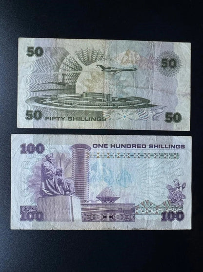 Kenya 50, 100 Shillings Banknotes 1980-81 Vintage Circulated Bank Bills 2Pcs/Lot