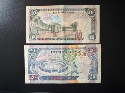 Kenya 10, 20, Shillings Banknotes 1993 Old VF-Circulated Paper Bank Bills 2pcs/Lot