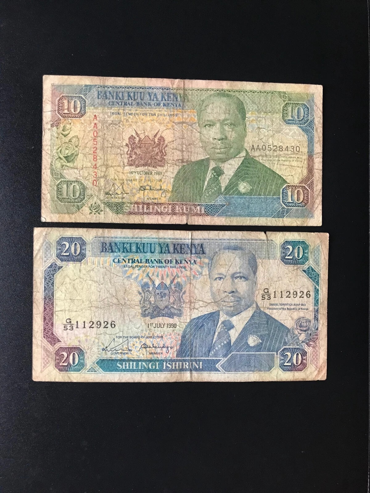 Kenya 10, 20 Shillings Banknotes 1989-90 old Circulated Paper Bank Bills 2pcs/Lot
