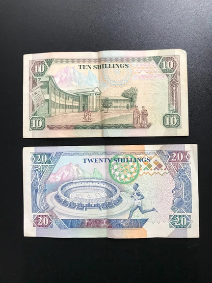 Kenya 10, 20 Shillings Banknotes 1993-94 Old VF-Circulated Paper Bank Bills 2pcs/Lot