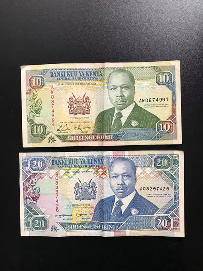 Kenya 10, 20 Shillings Banknotes 1993-94 Old VF-Circulated Paper Bank Bills 2pcs/Lot
