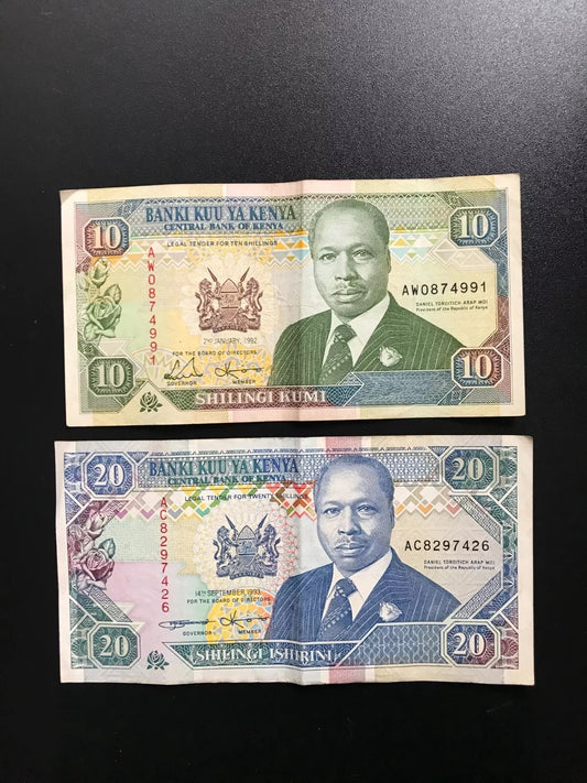 Kenya 10, 20 Shillings Banknotes 1993-94 Old VF-Circulated Paper Bank Bills 2pcs/Lot