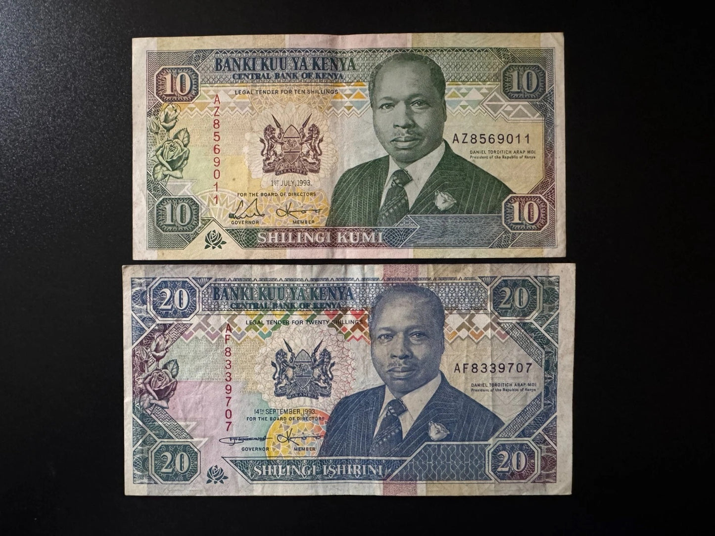 Kenya 10, 20, Shillings Banknotes 1993 Old VF-Circulated Paper Bank Bills 2pcs/Lot