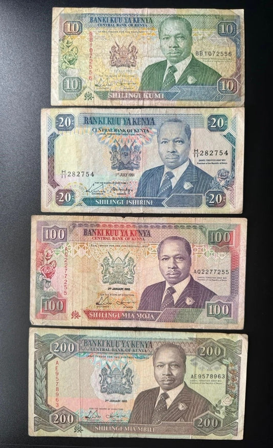 Kenya 10, 20, 100, 200 Shillings Banknotes 1991-92-93 Old Paper Bills 4pcs/Lot