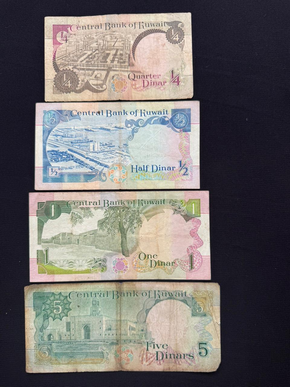 Kuwait 1/4, 1/2, 1, 5 Dinars Banknotes 1992 Old Very Rare old Bank Bills 4pcs / Lot