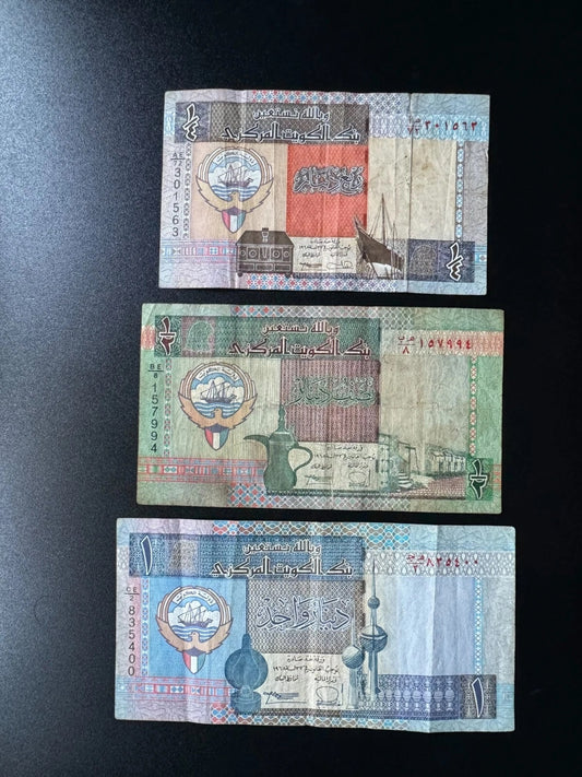Kuwait 1/4, 1/2, 1 Dinars Banknotes old Circulated Paper Bank Bills 3Pcs/Lot