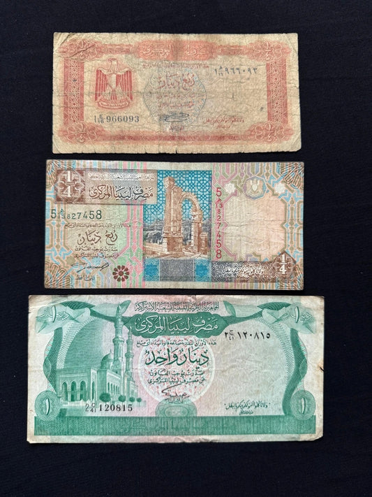 Libya 1/4, 1 Dinar Banknotes old Circulated Paper Money Bank Bills 3pcs/ Lot Set