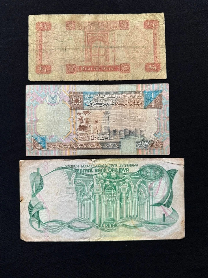 Libya 1/4, 1 Dinar Banknotes old Circulated Paper Money Bank Bills 3pcs/ Lot Set