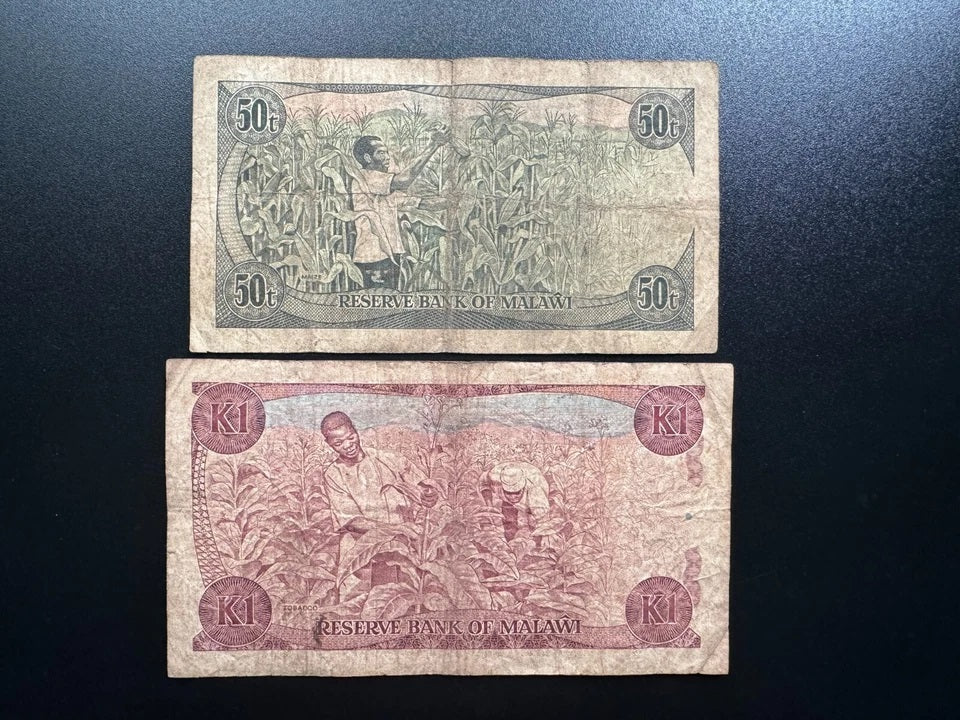 Malawi 50 Tambala & 1 Kwacha Banknotes 1986 Old P-18 & P-19 Bank Bills 2 Pcs/Lot
