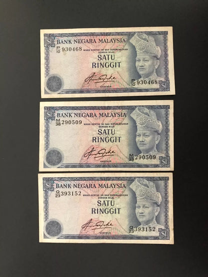 Malaysia 1 Ringgit Banknotes 1976-81 Old Circulated Bank Bills Set 3Pcs/ Lot P-13