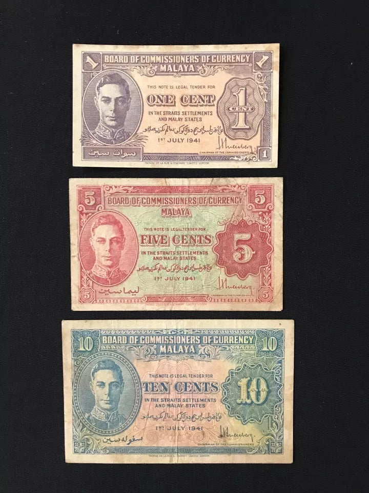 British Malaya 1, 5, 10, 20, 50 Cents & 1 Dollar Banknotes 1941 Old Circulated Bank Bills 6Pcs/Lot