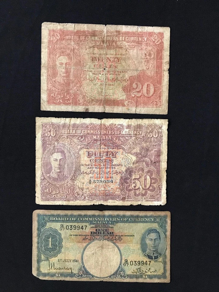 British Malaya 1, 5, 10, 20, 50 Cents & 1 Dollar Banknotes 1941 Old Circulated Bank Bills 6Pcs/Lot
