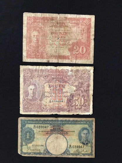 British Malaya 1, 5, 10, 20, 50 Cents & 1 Dollar Banknotes 1941 Old Circulated Bank Bills 6Pcs/Lot