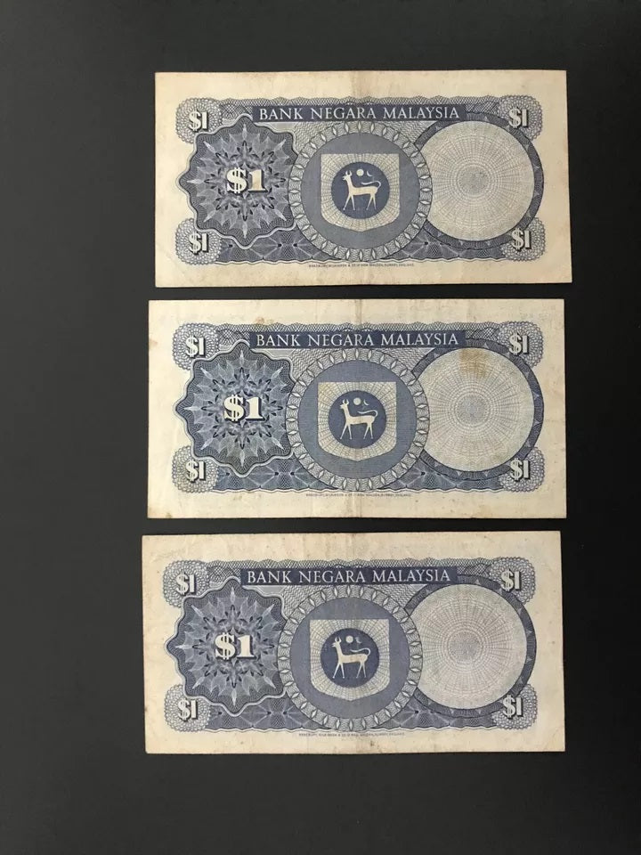 Malaysia 1 Ringgit Banknotes 1976-81 Old Circulated Bank Bills Set 3Pcs/ Lot P-13