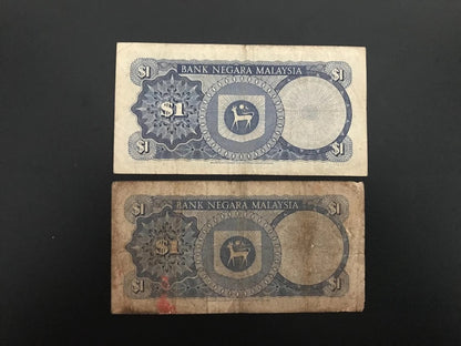 Malaysia 1 Ringgit Banknotes 1967 Old Circulated First Issue Bank Bills 2pcs/ Lot P-1