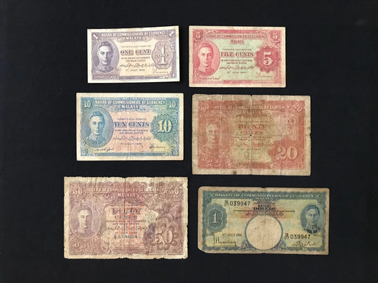 British Malaya 1, 5, 10, 20, 50 Cents & 1 Dollar Banknotes 1941 Old Circulated Bank Bills 6Pcs/Lot