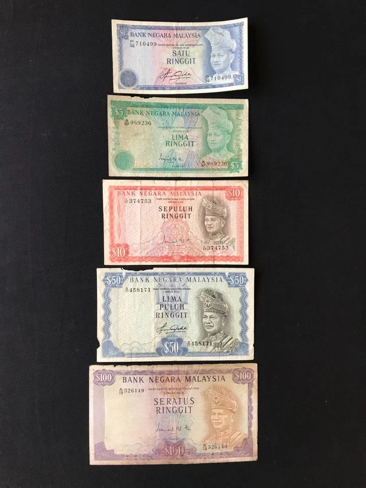 Malaysia 1, 5, 10, 50, 100 Ringgit Banknotes 1967 Old Circulated First Issue Rare Full Set 5Pcs