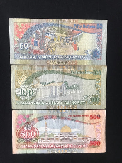 Maldives 10, 20, 50, 100, 500 Rufiyaa Banknotes 1998-2006 Old Circulated Bank Bills 5pcs/ Lot Set