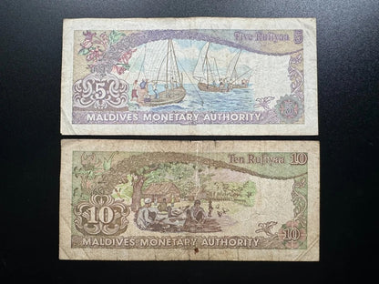 Maldives 5, 10 Rufiyaa Banknotes 1983 Old Circulated 2nd Issue Bank Paper Bills 2Pcs/Lot
