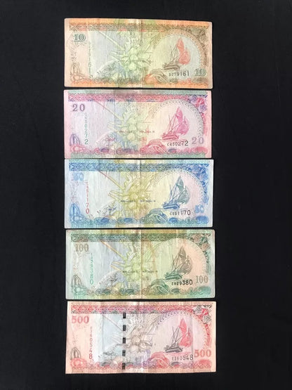 Maldives 10, 20, 50, 100, 500 Rufiyaa Banknotes 1998-2006 Old Circulated Bank Bills 5pcs/ Lot Set