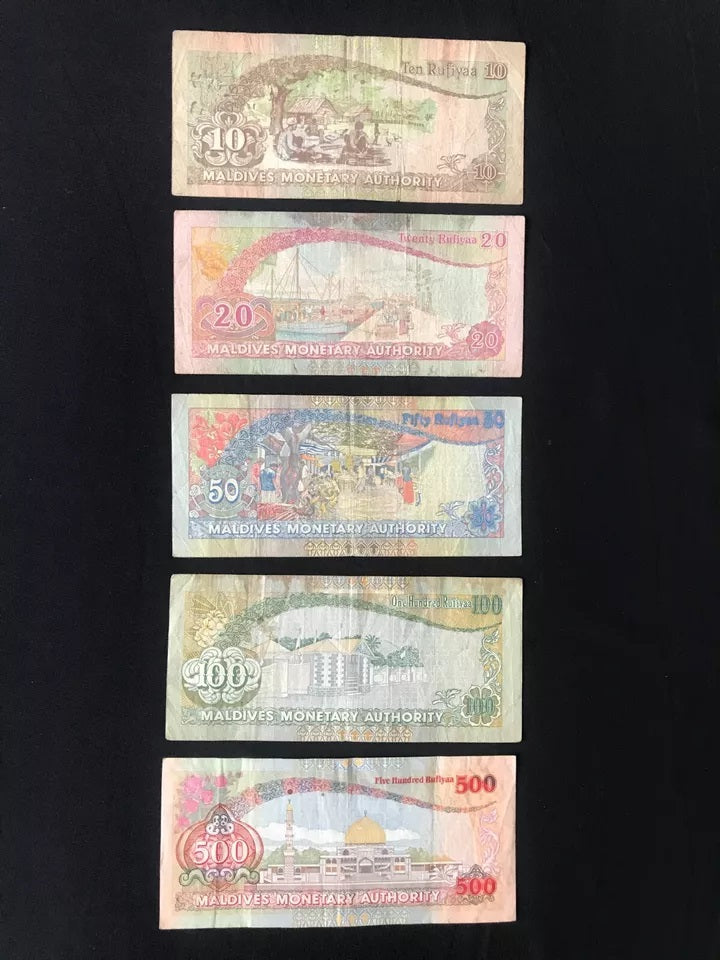 Maldives 10, 20, 50, 100, 500 Rufiyaa Banknotes 1998-2006 Old Circulated Bank Bills 5pcs/ Lot Set